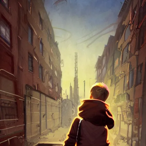 Prompt: back view, highly detailed painting, blonde young tomboy butch girl in hoodie, victorian brass goggles, short hair, in trashed tenement, watching rocket launch, graffiti, at night, artgerm, artstation, mignola, digital painting