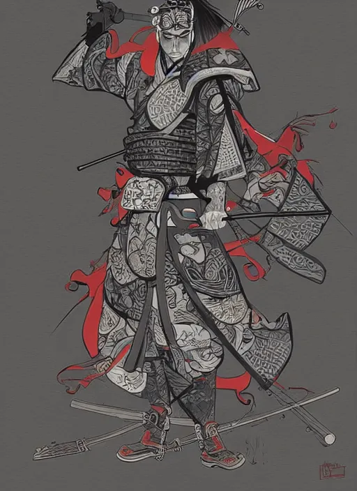 Image similar to Samurai, in the style of Sam Guay and James Jean, flat illustration, trending on artstation