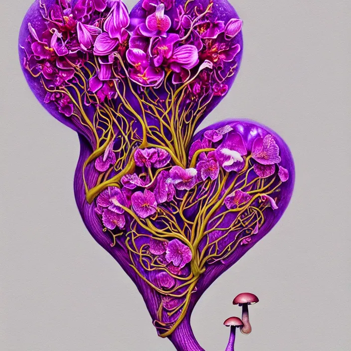 Image similar to extremely psychedelic organic human heart made of orchid and cherry blossom tree and mushroom, LSD heart, diffuse lighting, fantasy, intricate, elegant, highly detailed, lifelike, photorealistic, digital painting, artstation, illustration, concept art, smooth, sharp focus, art by John Collier and Albert Aublet and Krenz Cushart and Artem Demura and Alphonse Mucha