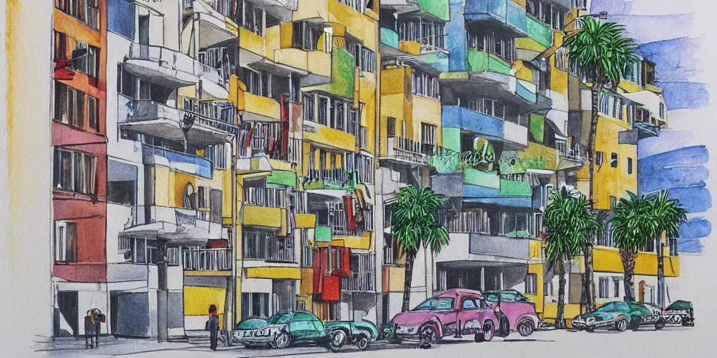 Prompt: painting. bauhaus style. buildings with balconies. junction in dizingof center in tel aviv. highly detailed. pen drawing painted with watercolors. colorful. low buildings. palm trees. fluffy