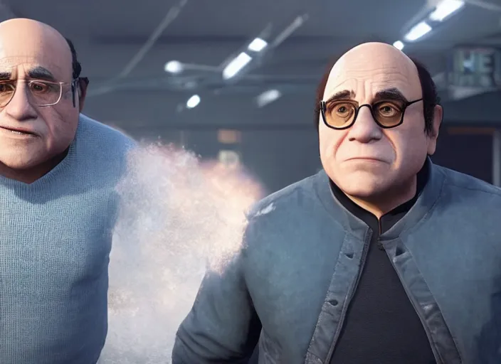 Prompt: video game still of danny devito in the video detroit become human,