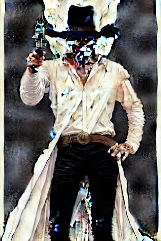 Image similar to ed harris as the man in black, westworld, wearing an all white outfit in the style of art by artgerm and greg rutkowski and alphonse mucha