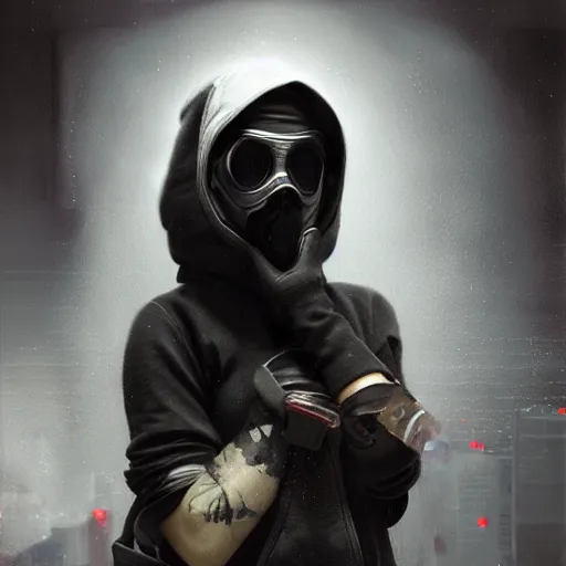 Image similar to a woman wearing a black hoodie and a black mask, cyberpunk art by Jeremy Geddes, featured on cgsociety, digital art, cryengine, dystopian art, apocalypse art