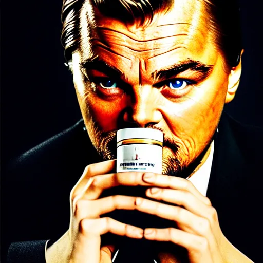 Image similar to detailed studio portrait of leoanrdo dicaprio holding tiny jar of tincture. watching ar camera. studio light, polished look, solid background, ad, fashion photography, by pierpaolo ferrari and maurizio cattelan, 3 5 mm photograph, david lachapelle, canon eos c 3 0 0, 8 k