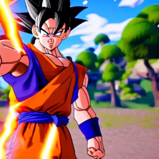 Image similar to a game still of goku in fortnite, in - game shot