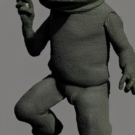 Image similar to perfectly accurate miniature figure of pepe the frog wearing jeans and a black leather jacket, soft textures, skin texture, clothing, 3d sculpture, textured, fine detail, lifelike, photo, high resolution, octane render, post processing, after effects, trending on artstation