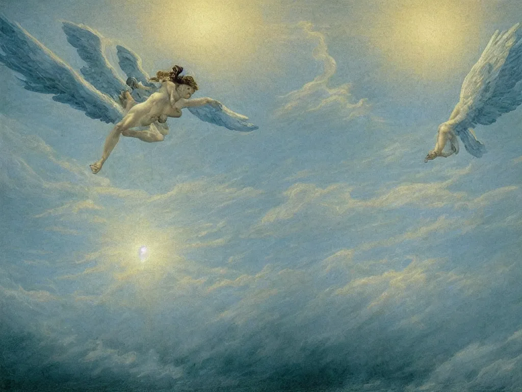 Prompt: seraphim angel in the sky flying on the sea painted by caspar david friedrich