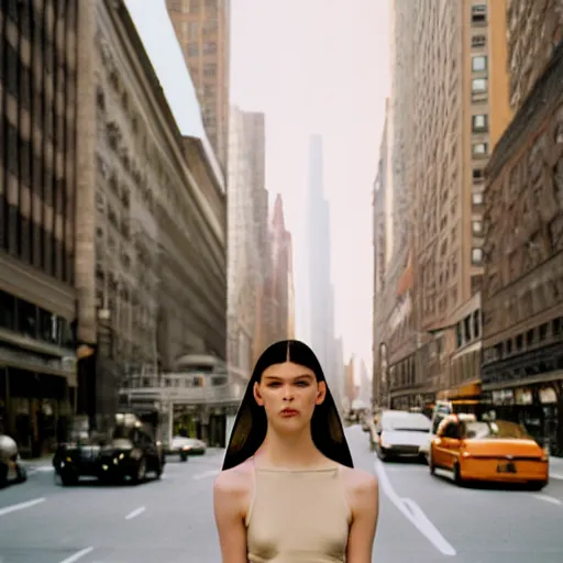 Image similar to realistic photoshoot for a new balenciaga lookbook, color film photography, portrait of a beautiful person, in style of Campbell Addy, location in new york, 35mm