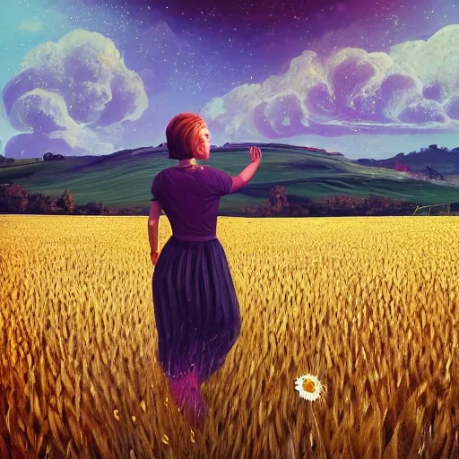 Image similar to giant daisy flowers as a head, girl walking in wheat field, hills, surreal photography, dark night, star trails, impressionist painting, dramatic clouds, digital painting, artstation, simon stalenhag