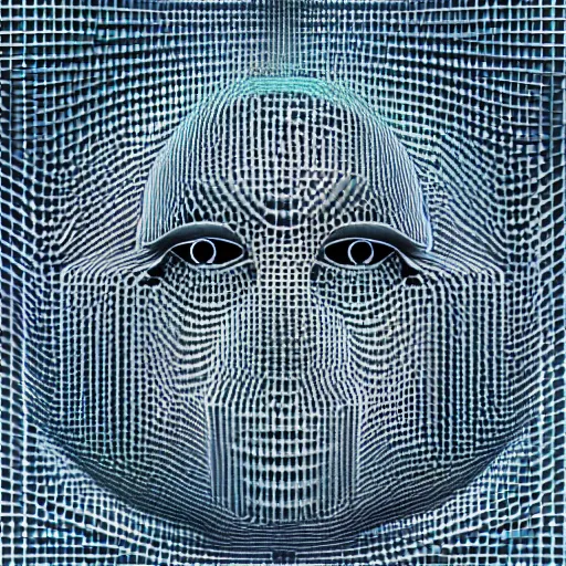 Image similar to an insanely detailed cibernetic artwork of a futuristic artificial intelligence superstar, centered image, perfectly symmetrical face, with frames made of detailed fractals, octsne render, 4k, insanely detailed, detailed grid as background, cgi