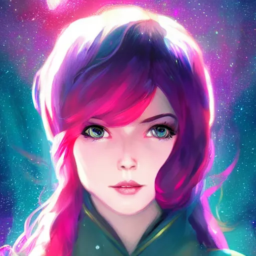 Prompt: a young woman with a starry cloak, aurora colored hair, curious expression, character art, full body art, trending on artstation, artgerm, 4k ultra hd, sharp focus, digital art by Ilya Kuvshinov and Ross Tran,