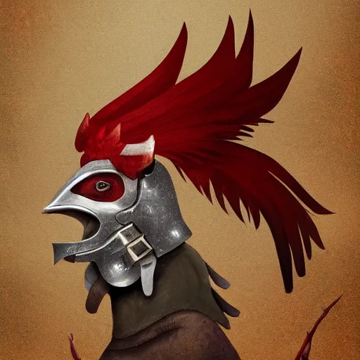 Prompt: rooster in steel armor on a cloud, digital art, digital painting, artstation, devian art, 4 k, hd