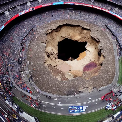 Prompt: breaking news: a sinkhole opens up in the middle of the super bowl