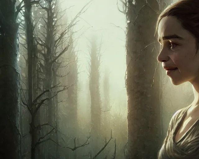 Image similar to highly detailed portrait of a emilia clarke, in the walking dead, stephen bliss, unreal engine, fantasy art by greg rutkowski, loish, rhads, ferdinand knab, makoto shinkai and lois van baarle, ilya kuvshinov, rossdraws, tom bagshaw, global illumination, radiant light, detailed and intricate environment