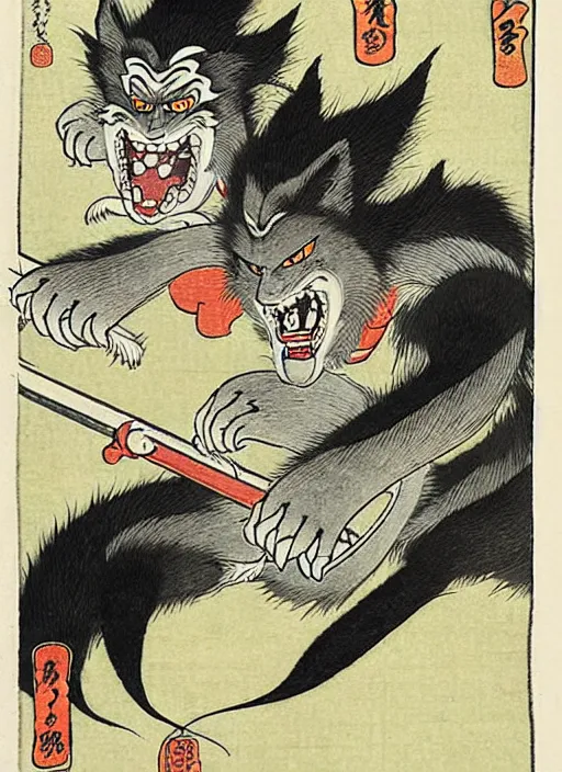 Image similar to the wolfman as a yokai illustrated by kawanabe kyosai and toriyama sekien