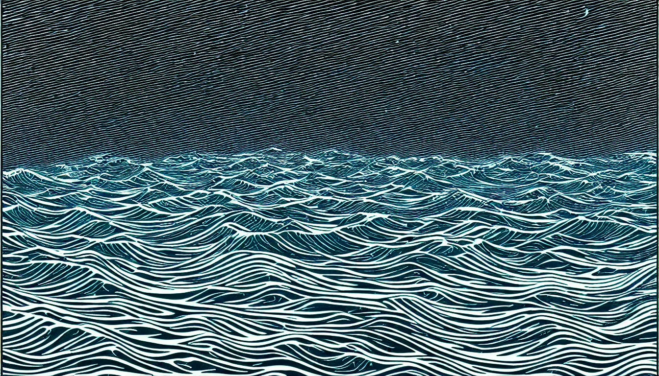 Prompt: under ocean wave by dan mumford and peter doig and edward hopper, symmetrical, minimal, black ink, thick lines highly detailed, muted colours 8 k