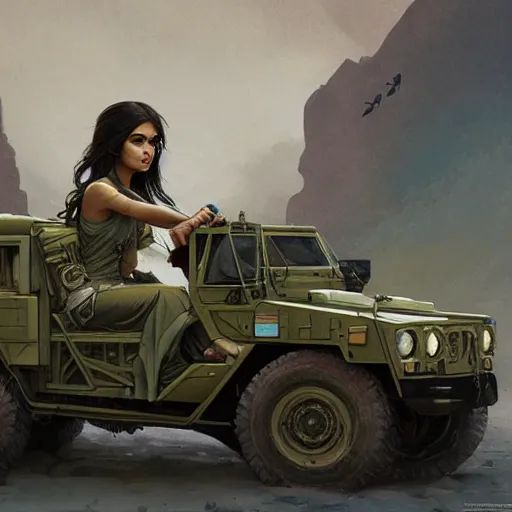 Prompt: A pale young indian woman driving a Humvee from Battlefield 2042, very detailed face, gorgeous, beautiful, intricate, highly detailed, digital painting, artstation, concept art, sharp focus, illustration, art by greg rutkowski and alphonse mucha