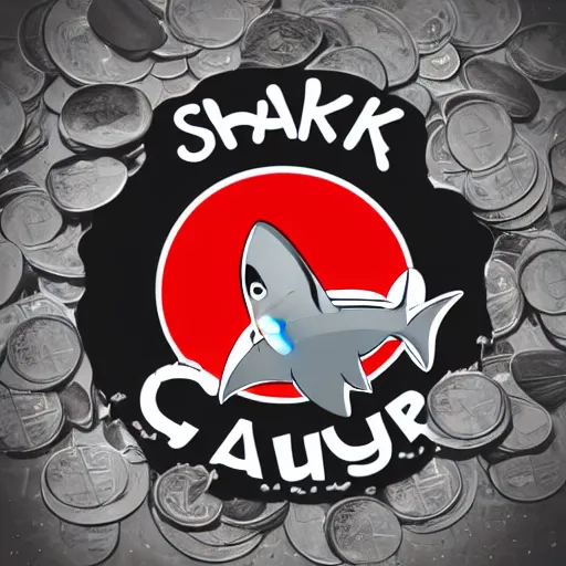 Image similar to Shark and guitar, roses and coins on the background logo, black and white