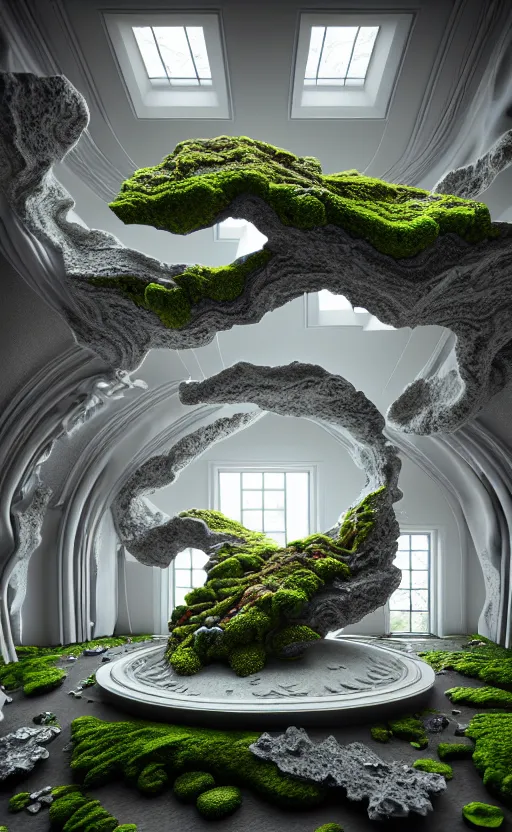 Prompt: highly detailed ultra sharp 3 d render villa interior cinematic composition of a smooth ceramic porcelain biomorphic magnolia stone coral nebula fluid fractal sci - fi surreal architecture landscape, granite, metallic, magnesium, marble, moss, lichen, vincent callebaut composition, mamou - mani, archviz, beautiful lighting, 8 k, unreal engine, hdr,