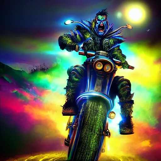 Image similar to psychedelic blacklight airbrush artwork, hyper stylized action shot of a menacing orc riding a motorcycle, clear focused details, soft airbrushed artwork, black background, cgsociety, artstation