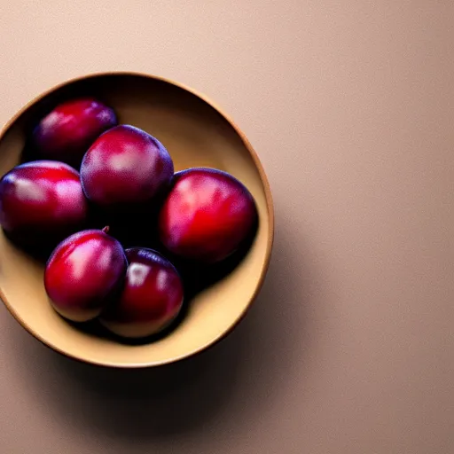 Image similar to concept art of a single thick porcelain bowl filled with a few moist freshly picked plums on a wooden table. volumetric lighting. 4 k. small scale. artistic. top down.