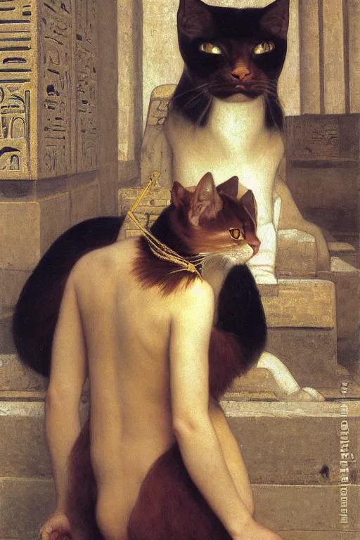 Prompt: bastet, in an egyptian temple, painting by william adolphe bouguereau