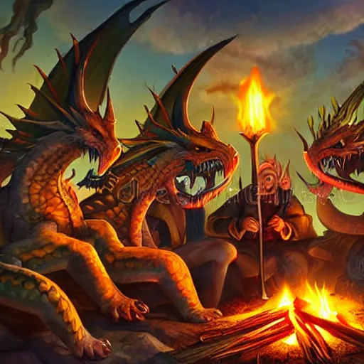 Prompt: dragons roasting kebabs near campfire, fire, magic, power metal album cover, fantasy epic legends game icon stylized digital illustration radiating a glowing aura global illumination ray tracing hdr fanart arstation by ian pesty and katarzyna da „ bek - chmiel