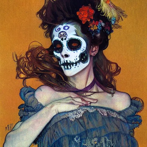 Image similar to realistic detailed painting of a cute punk Día de los Muertos girl by Henri de Toulouse-Lautrec Alphonse Mucha Egon Schiele Ayami Kojima Amano Charlie Bowater, masterpiece