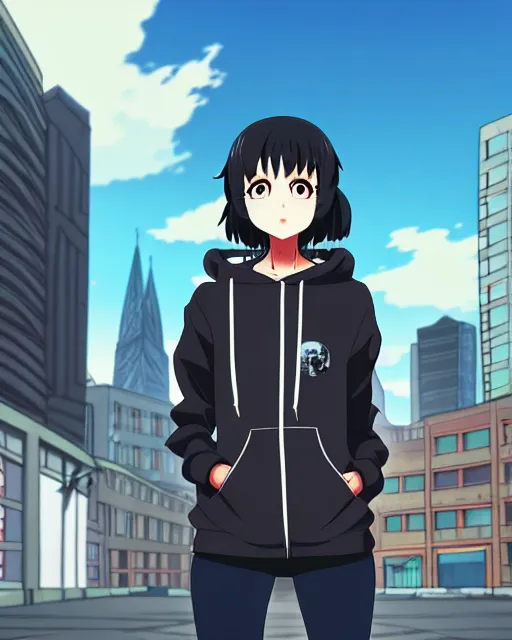 Image similar to black haired girl wearing hoodie, detailed city background, anime by shinkai makoto