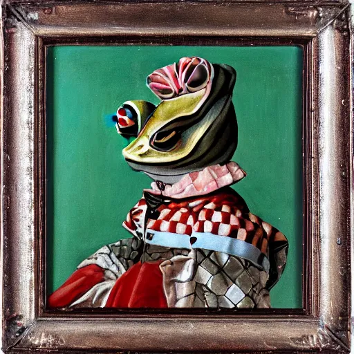 Image similar to frog in harlequin costume in renaissance oil painting