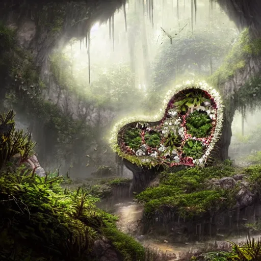 Image similar to biocomputer heart and white biocomputer flowers and biomechanical flowers in a cave forest, intricate environment, matte painting, diffused lighting, highly detailed cinematic, epic composition, highly detailed, atmospheric, wide angle, artstation trending