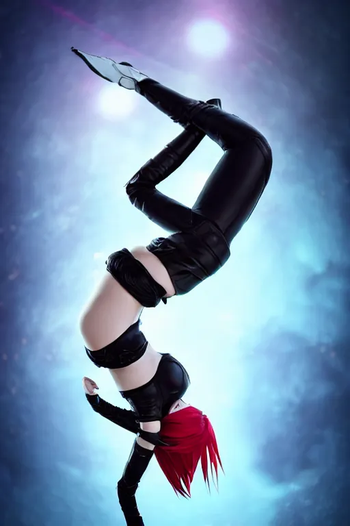 Image similar to Katarina from League of Legends doing a backflip, photorealistic, studio lighting, white ambient background, highly detailed