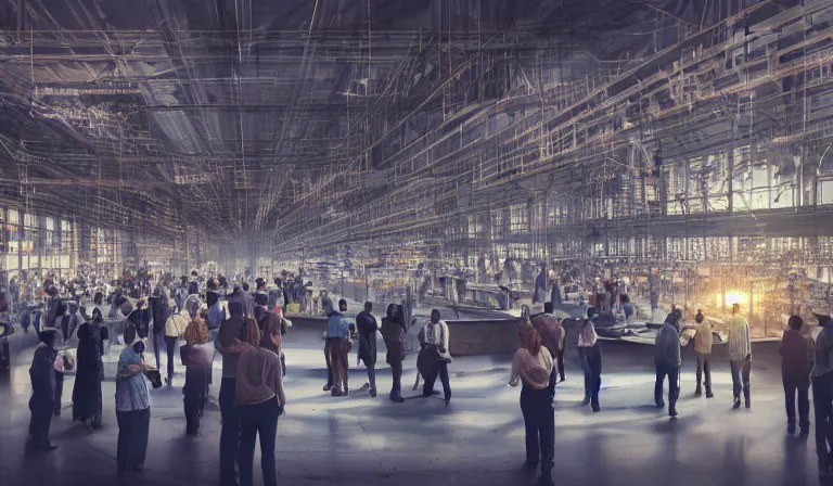 Prompt: large group people in simple warehouse, looking at hologram of futuristic city on a table, cinematic concept art, godrays, golden hour, natural sunlight, 4 k, clear details, tabletop model buildings, center model buildings, hologram center, crane shot, crane shot, crane shot, clear details, windows