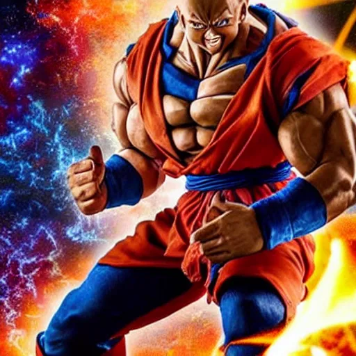 Prompt: photo of a live - action dragon ball z movie featuring dwayne johnson as nappa in full saiyan armor