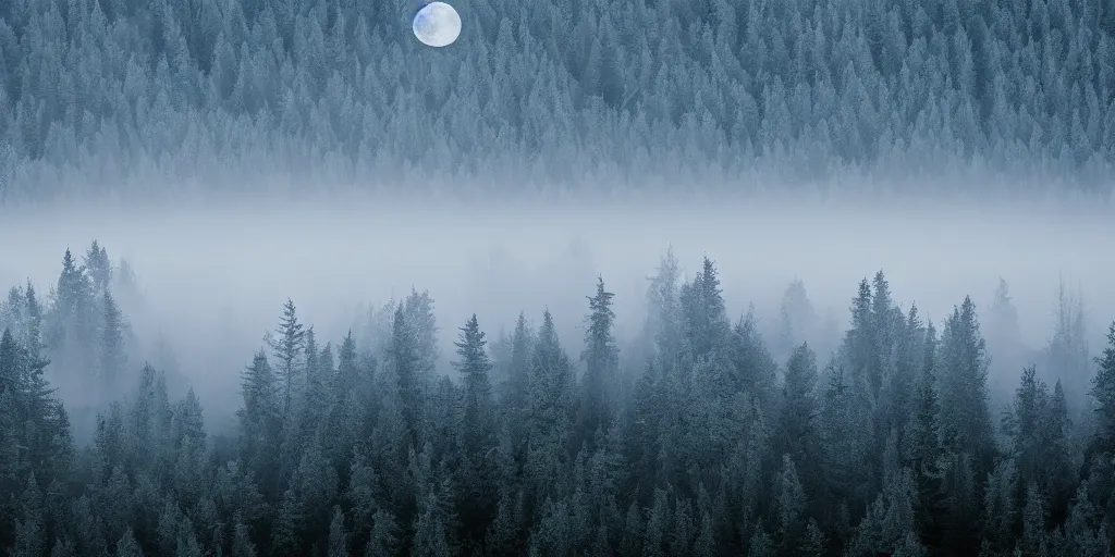 Image similar to moonlit night, forested mountains, cold light, dense forest, overhead view, fog