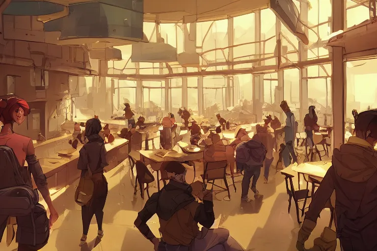 Image similar to a worried person in a crowded busy dystopian cafeteria interior behance hd artstation by jesper ejsing, by rhads, makoto shinkai and lois van baarle, ilya kuvshinov, ossdraws, that looks like it is from borderlands and by feng zhu and loish and laurie greasley, victo ngai, andreas rocha