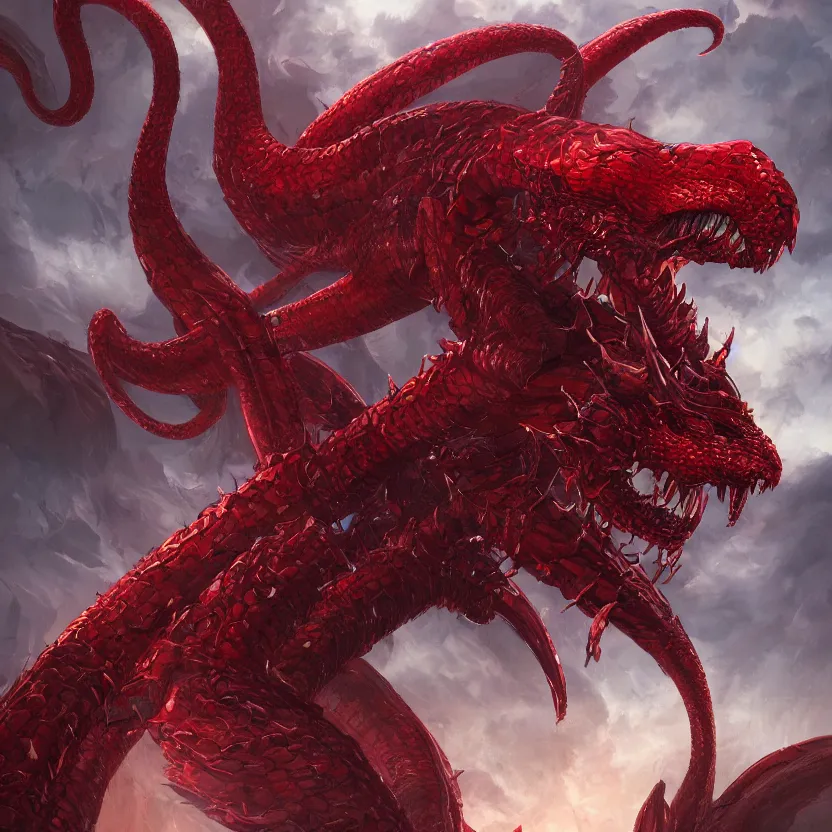 Image similar to an evil red magical serpent rises up over an army, concept art, beautiful design, sharp, fantasy aesthetic, highly detailed, artgerm, trending on artstation, award - winning,