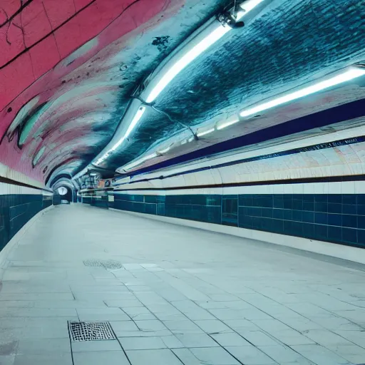 Prompt: futuristic, pastel colors, hd 8 k, abandoned, overgrown, red blue studio lightning, subway station