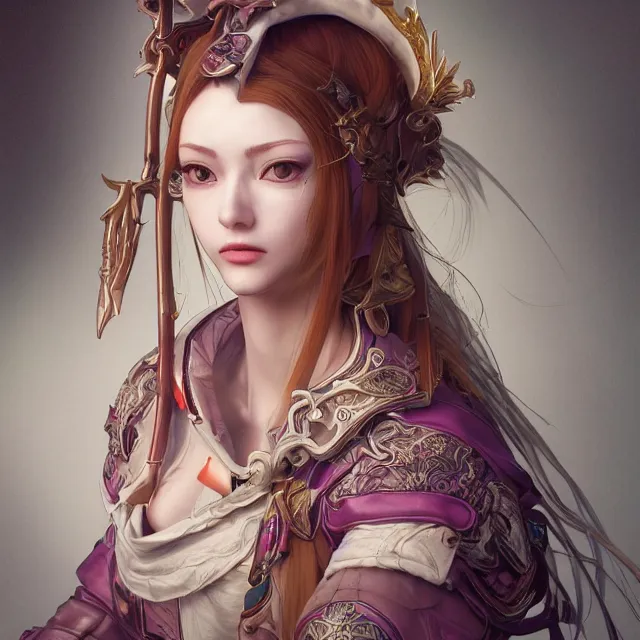 Image similar to studio portrait of neutral good colorful female cleric bard healer as absurdly beautiful, elegant, young skinny gravure idol, ultrafine hyperrealistic face illustration by kim jung gi, irakli nadar, intricate linework, sharp focus, bright colors, octopath traveler, final fantasy, unreal engine highly rendered, global illumination, radiant light, detailed intricate environment