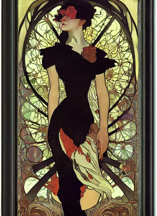 Image similar to Goth fractal girl, surreal Dada collage by Alphonse Mucha