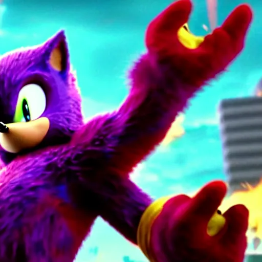 Prompt: The famous scene in the Avengers when Sonic the Hedgehog finally arrived to the fight and beat Thanos, movie sonic, extremely detailed with lots of background explosions and effects, grinning, wearing red gloves, 4k, 8k, HDR, purple lighting that highlights Sonic's fur