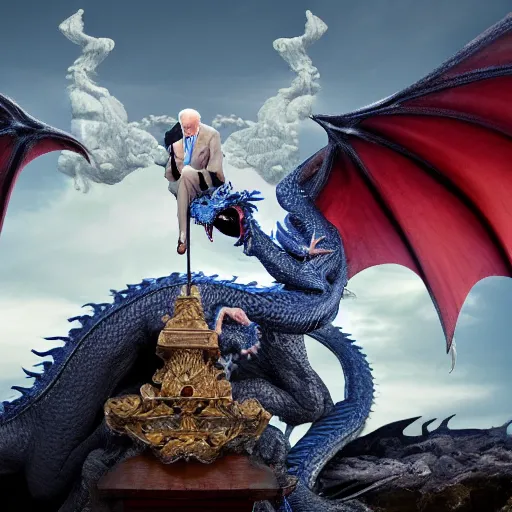 Image similar to Joe Biden on top of a dragon, terrified, artistic, 8k