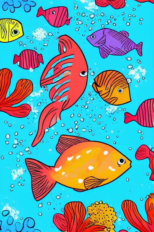 Image similar to a beautiful and colorful fish swimming through a coral in the ocean, cartoon style