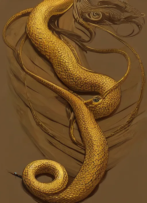 Prompt: a gold snake, highly detailed, digital painting, artstation, concept art, sharp focus, illustration, art by greg rutkowski and alphonse mucha