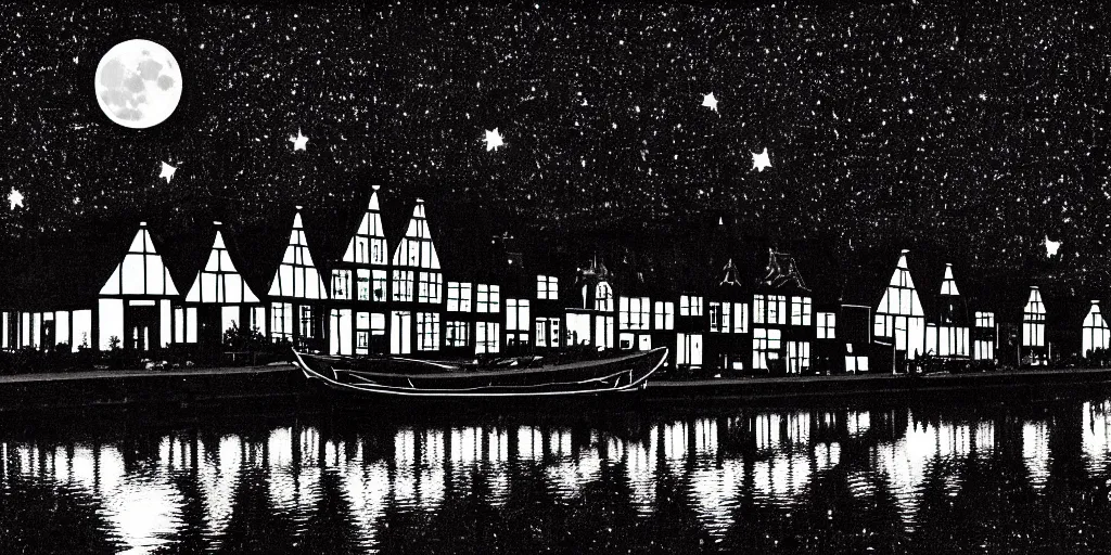Prompt: Dutch houses along a river, silhouette!!!, Circular white full moon, black sky with stars, lit windows, stars in the sky, b&w!, Reflections on the river, a man is punting, flat!!, Front profile!!!!, high contrast, HDR, street lanterns, 1904, Style of Frank Weston, illustration, soft