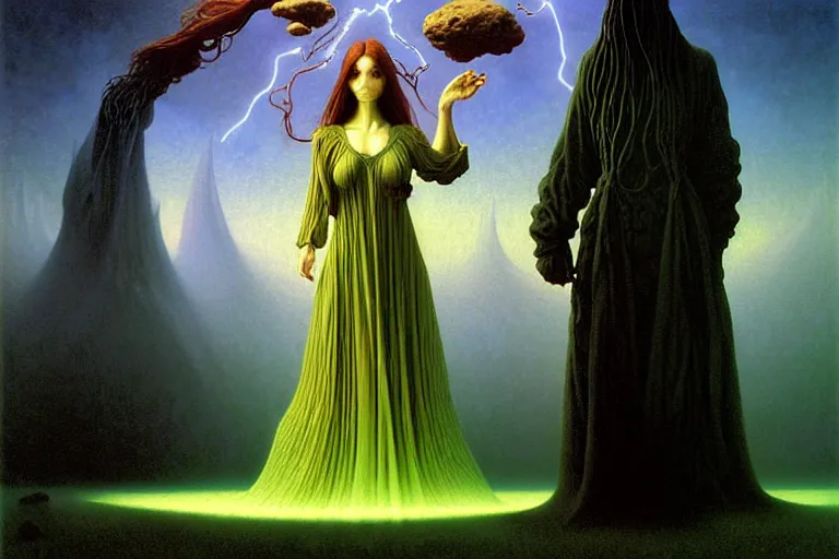 Prompt: the female arcanist and the male artificer by zacharias aagaard and albert bierstadt and gerald brom and zdzisław beksinski and james gilleard and wayne barlowe and jean delville, beautiful, flowing magical robe, highly detailed, hyperrealistic, intricate, energy, electricity, blue flame, low light, green crystal, high contrast, submission
