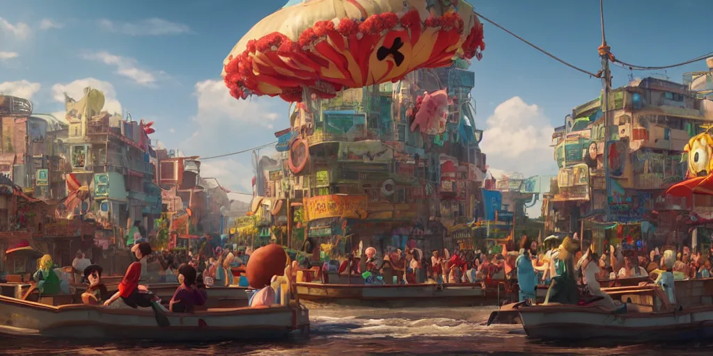 Image similar to a film still floats carnival, medium shot, waist up, studio ghibli, pixar and disney animation, sharp, rendered in unreal engine 5, anime key art by greg rutkowski, bloom, dramatic lighting