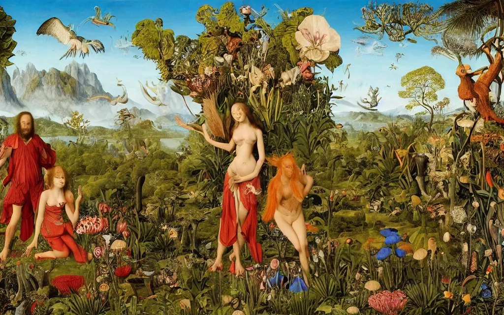 Image similar to a portrait photograph of a meditating harpy and a centaur king hunting tropical aliens at a wide river delta. surrounded by bulbous flowers, animals, trees and mushrooms. mountain range under a vast blue sky of burning stars. painted by jan van eyck, max ernst, ernst haeckel and artgerm, cgsociety, artstation, fashion editorial