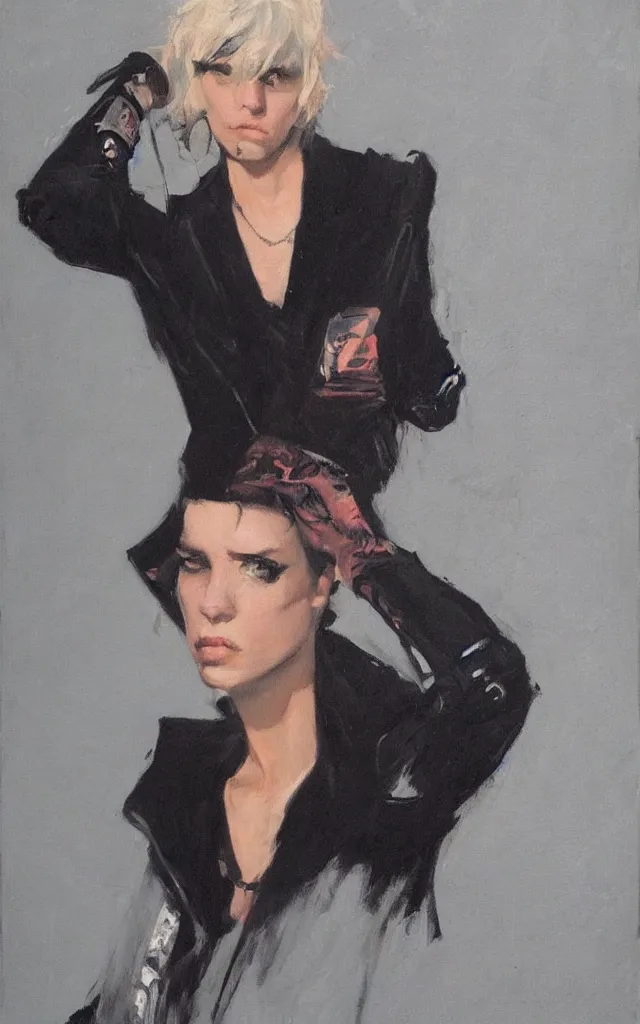 Image similar to portrait of an androgynous glam rocker in the style of syd mead and john william waterhouse