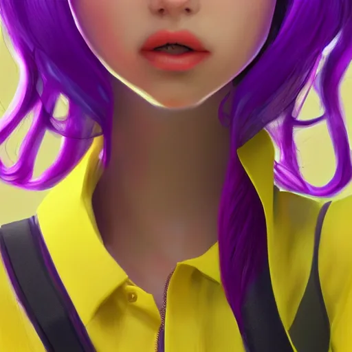 Prompt: girl in yellow headphones with purple hair, concept art, character, artstation, render 3D,
